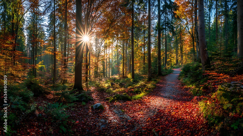 Obraz premium Sunburst through autumn forest path with fallen leaves sun rays