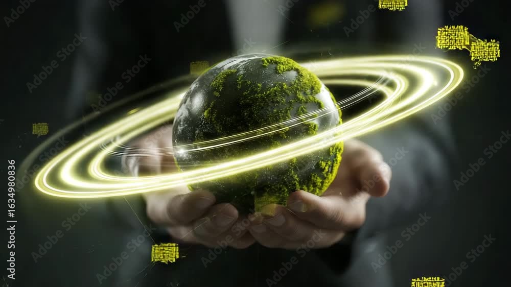 Erneuerbare Energien – Moos-Erde in Händen mit dynamischen Lichtringen als Symbol für Klimaschutz. Künstliche Intelligenz KI