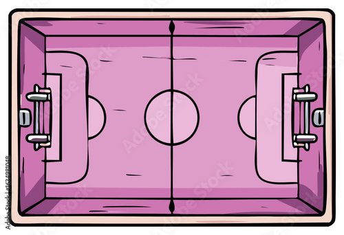 Cartoon top view of a vibrant pink foosball table with detailed goal areas and central field markings