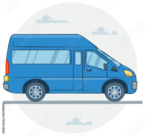 Cartoon style blue minibus illustration with clouds, generic passenger van illustration on a road with a white background
