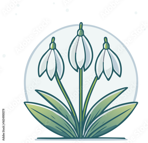 Illustrative depiction of snowdrop flowers, spring floral design in a round frame