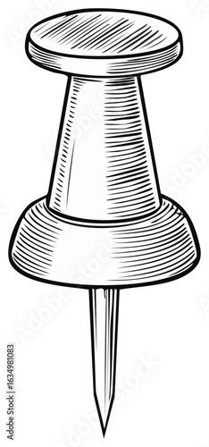 Black and white thumbtack illustration with hatched shading, office supply
