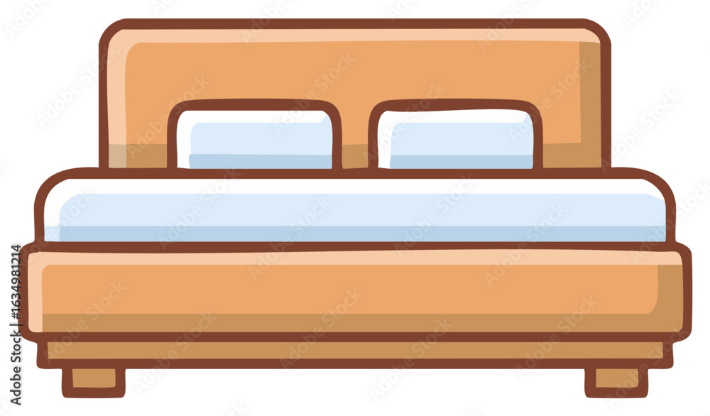 Cartoon illustration of a wooden bed with pillows and bedding in a minimalist design. Cartoon illustration of a wooden bed with pillows and bedding in a minimalist design.