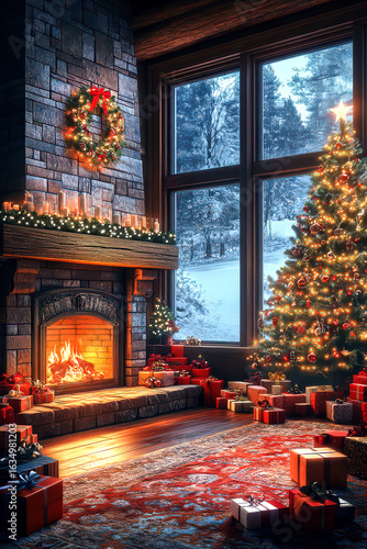 A cozy living room decorated for Christmas with a lit tree, holiday decorations and a warm fireplace, creating a homely atmosphere against the backdrop of a snowy night