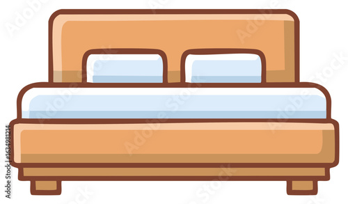 Cartoon illustration of a wooden bed with pillows and bedding in a minimalist design.