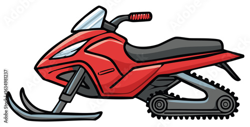 Illustration of red snowmobile with tracks for snowy adventures and recreation