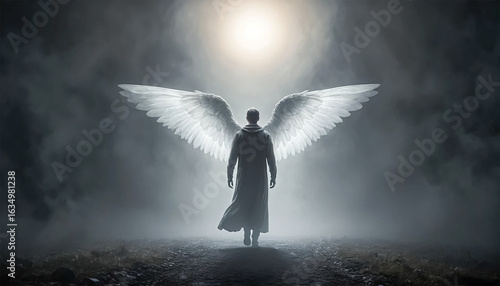 Man with wings walking towards light, ethereal journey into the unknown, spiritual awakening hope