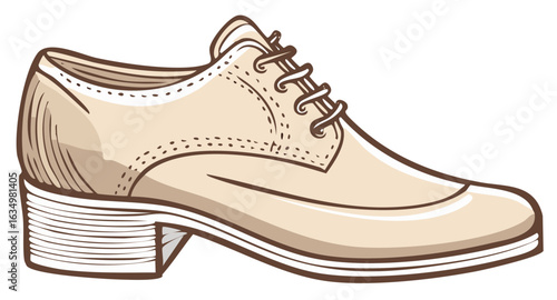 Classic beige dress shoe with laces and low heel. Elegant formal footwear vector illustration.