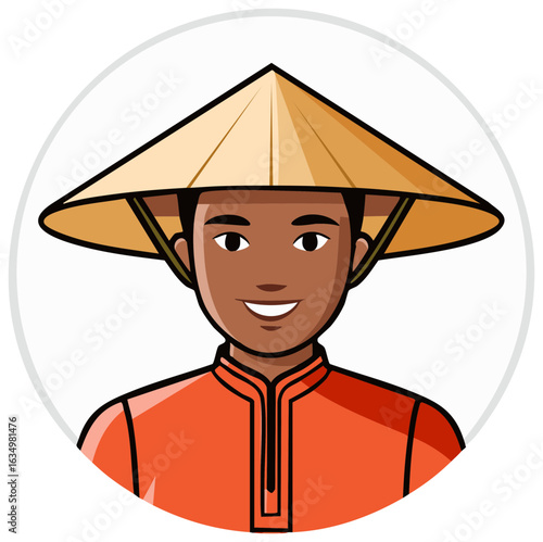 Smiling person in conical hat and traditional attire in a circle icon.