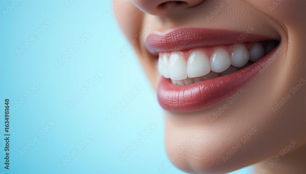 Obraz premium Close-up of a Smiling Mouth, White Healthy Teeth and Red Lips on Blue Background, Ideal for Dental Health and Happiness