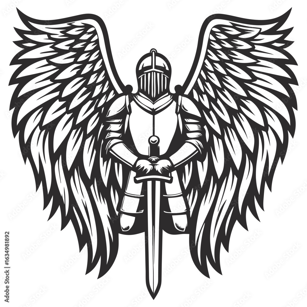 Obraz premium Medieval armored warrior wielding sword, angelic wings spreading behind, representing divine protection and heroic valor of medieval combat era