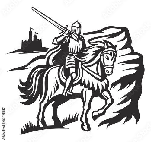 Medieval knight charging on horseback, wielding raised sword, silhouetted against castle, rocky cliff in black and white sketch. Classic design for chivalry, warfare, game, tattoo, or print project.