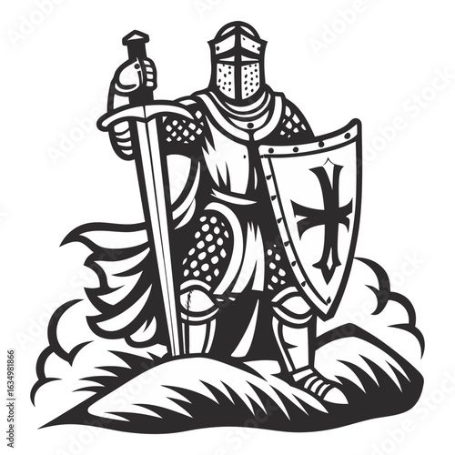 Medieval knight gripping massive sword, wearing gleaming plate armor and flowing cape in monochrome old school tattoo style for chivalry, warrior strength, vintage combat emblem, knight art.