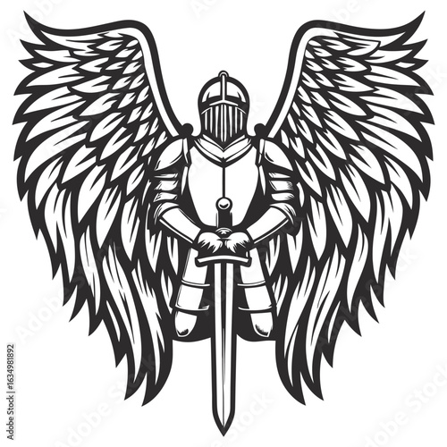 Medieval armored warrior wielding sword, angelic wings spreading behind, representing divine protection and heroic valor of medieval combat era