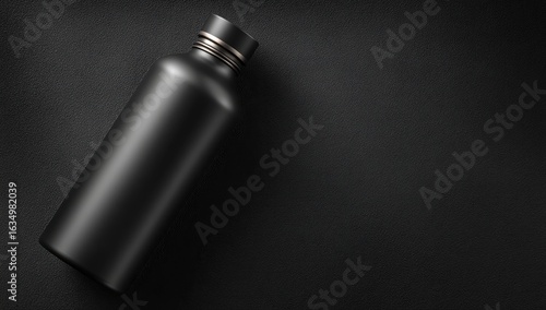 Sleek, matte black water bottle with a metallic silver cap rests on a dark, textured surface, angled slightly to the left, leaving ample negative space to the right