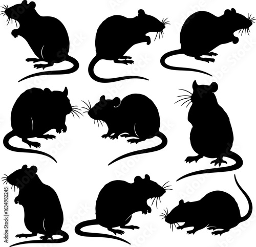 Collection of Rat Silhouettes: Vector Illustration Set, Black and White, Pest Control Concept.
