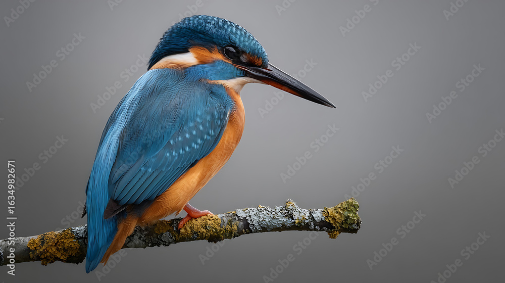 Obraz premium Vivid blue and orange kingfisher perched on mossy branch bird