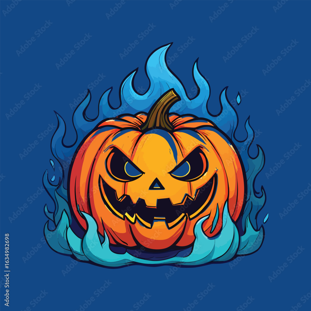Naklejka premium Scary orange pumpkin with blue flames and evil eyes on dark blue background halloween jack o lantern