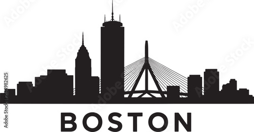 Boston Cityscape Silhouette Vector Illustration with Landmark Buildings and Modern Architecture Design