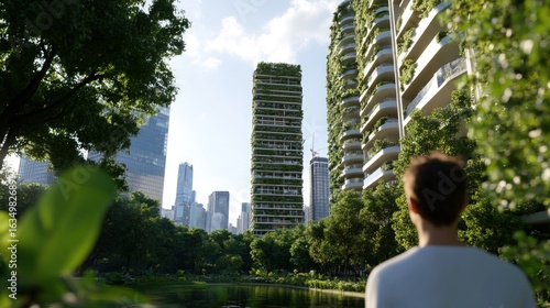 Eco friendly urban architecture with green building design and observer