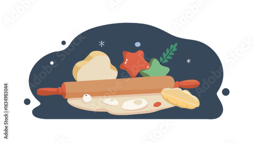 Christmas baking cookies with rolling pin and star shaped cookie cutters holiday baking illustration
