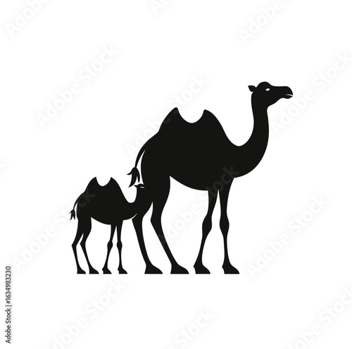 Stylized Silhouette of Two Bactrian Camels — Adult and Juvenile Side by Side in Minimalist Black Vector
