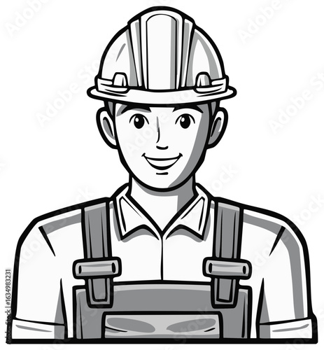 Illustration of Smiling Construction Worker with Safety Helmet and Overalls Cartoon Style Character Portait