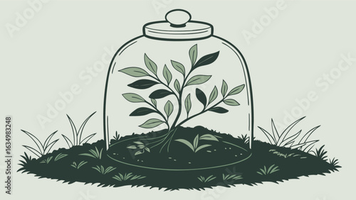 Plant terrarium illustration for home decor and botanical art print nature drawing with glass dome design