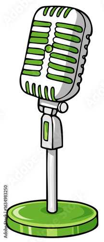 Classic Retro Microphone with Green Accents on a Stand