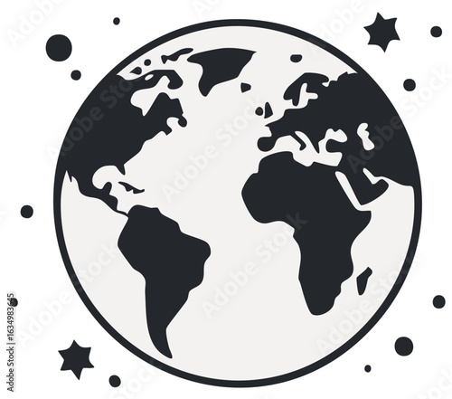 Stylized illustration of the Earth and celestial bodies in a minimalist graphic style
