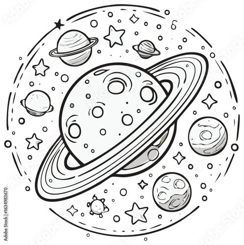 Doodle illustration of a cartoon solar system with ringed planets and stars