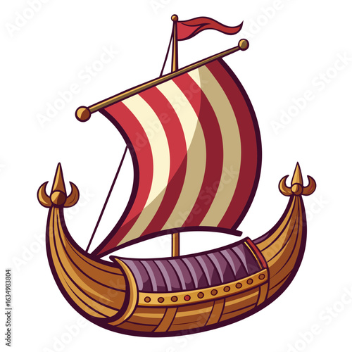 Viking Ship Vector Illustration with Striped Sail and Wooden Carvings