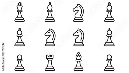 Set of 12 Black and White Chess Piece Icons, Representing Different Chess Figures for Strategy Games