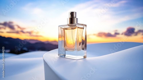 A perfume bottle sits on a white surface with a scenic sunset sky as a background. The glass bottle gleams with golden liquid