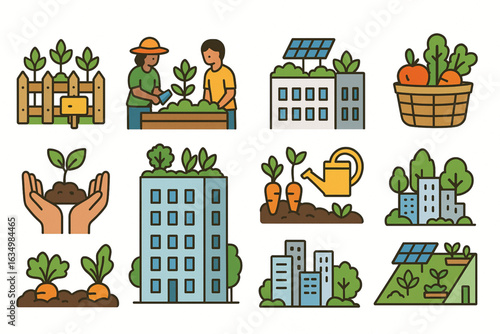 Flat Icons of Community Gardens and Green Rooftops with Solar Panels