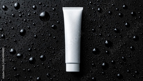 Wallpaper Mural A pristine white tube sits on a dark, wet surface, surrounded by numerous water droplets creating a high-contrast, clean aesthetic Torontodigital.ca