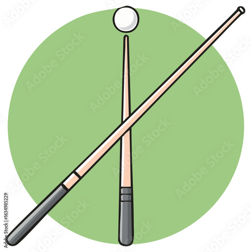 Crossed Cue Sticks with Ball on Green Background, Cartoon Style Snooker Equipment