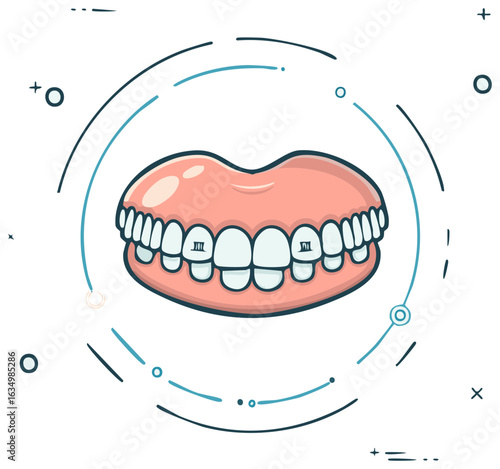 Cartoon of healthy white teeth with braces on pink gums and abstract circular design