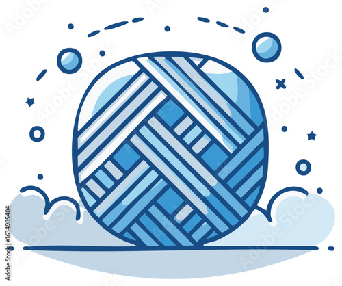 Whimsical Yarn Ball Illustration with Cloud, Spheres, and Stars Decor, Blue and White Handmade Knitting Wool