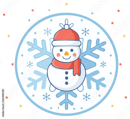 Wallpaper Mural Cute snowman wearing hat and scarf stands behind a snowflake illustration Torontodigital.ca