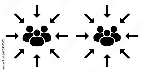 People Group Attraction and Attention Icon. Crowd Magnet Concept with Arrows Pointing to Group. Black Silhouette Symbol for Target Audience, Marketing Focus, Communication, Community.