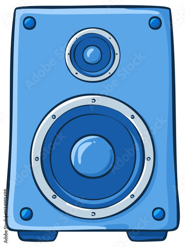 Blue cartoon speaker with two sound drivers and four screws on a white background