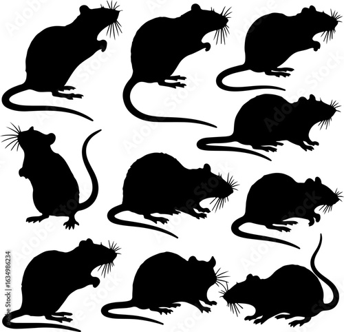 Collection of Rat Silhouettes: Vector Illustration Set, Black and White, Pest Control Concept.