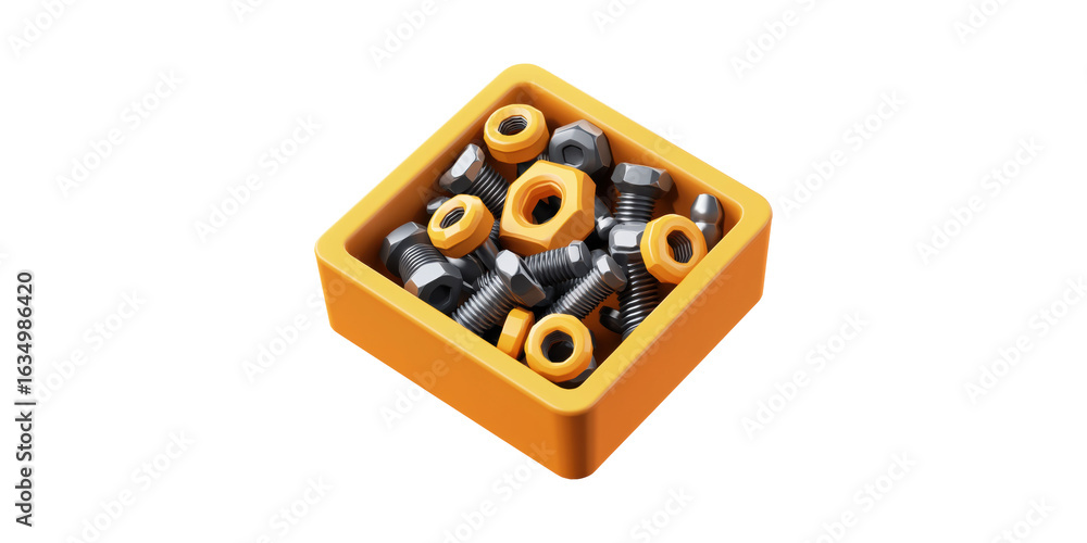 Box Of Metal Bolts And Nuts. Industrial Hardware For Construction And Repair Projects Isolated On Transparent Background