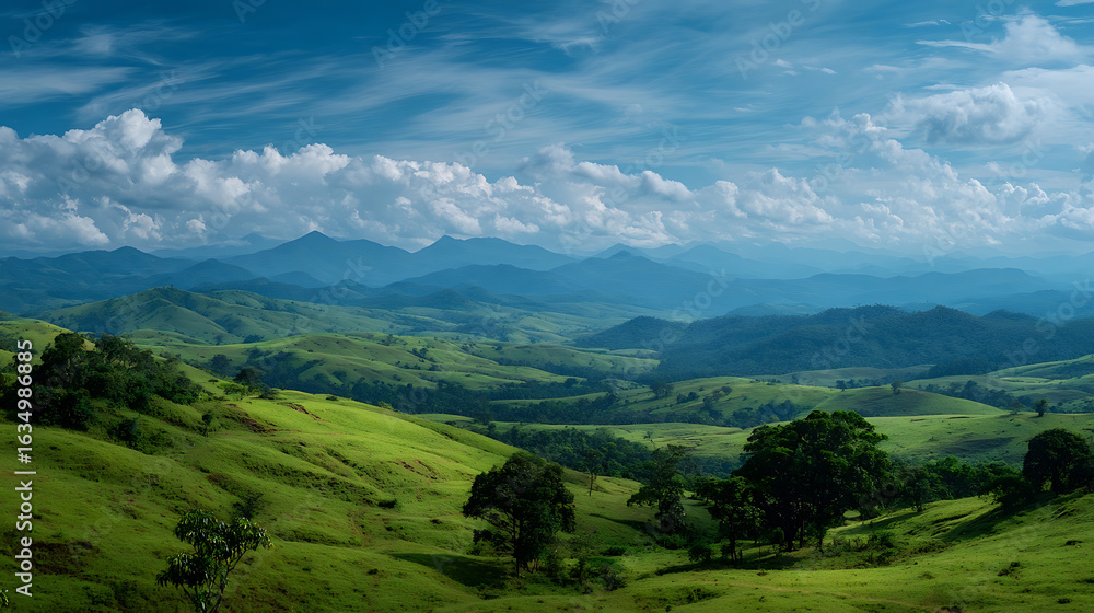 Naklejka premium Verdant rolling hills under a vast blue sky with scattered clouds landscape mountains