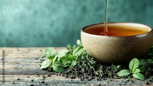 Herbal tea pouring into a cup with fresh oregano and thyme on a wooden table
