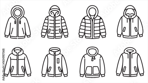 Set of Stylish Jacket and Hoodie Icons Representing Casual and Winter Clothing Designs