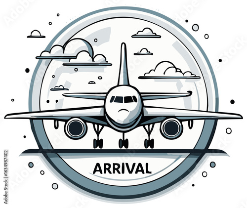 Airplane front arrival under cloudy sky in minimalistic outlined illustration design for transportation themes