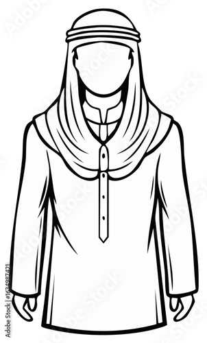 Arabic man in traditional clothing, black and white illustration.