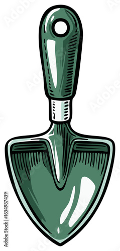 Single green garden trowel tool illustration with black outlines for planting and digging garden soil
